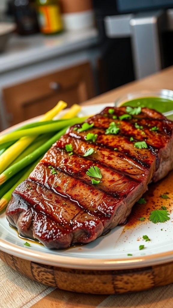 Juicy air fryer steak garnished with herbs, served with vegetables and chimichurri sauce on a wooden table.